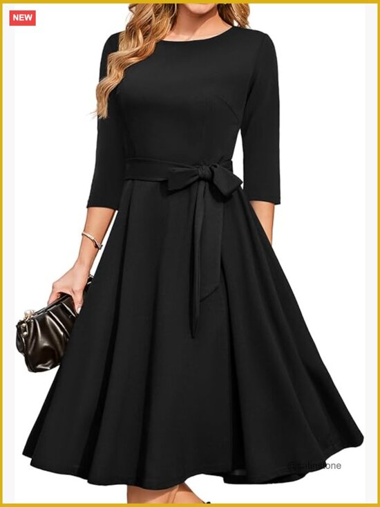 Dresses & Skirts - Vintage Cocktail Dress with 3/4 Sleeves, A-Line Fit and Flare, Nylon Elastane